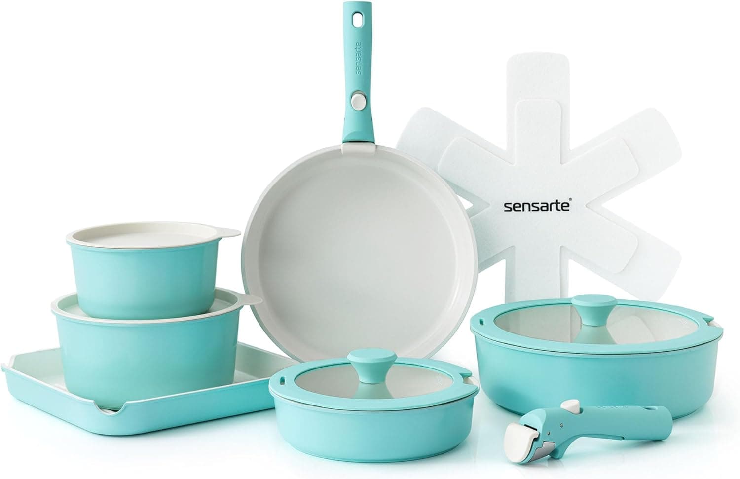 Product image: SENSARTE 17 Piece Ceramic Pots and Pans Set, Nonstick Detachable Handle Cookware, Induction Kitchen Cookware Set with Removable Handle, Dishwasher ＆ Oven Safe (Turquoise)